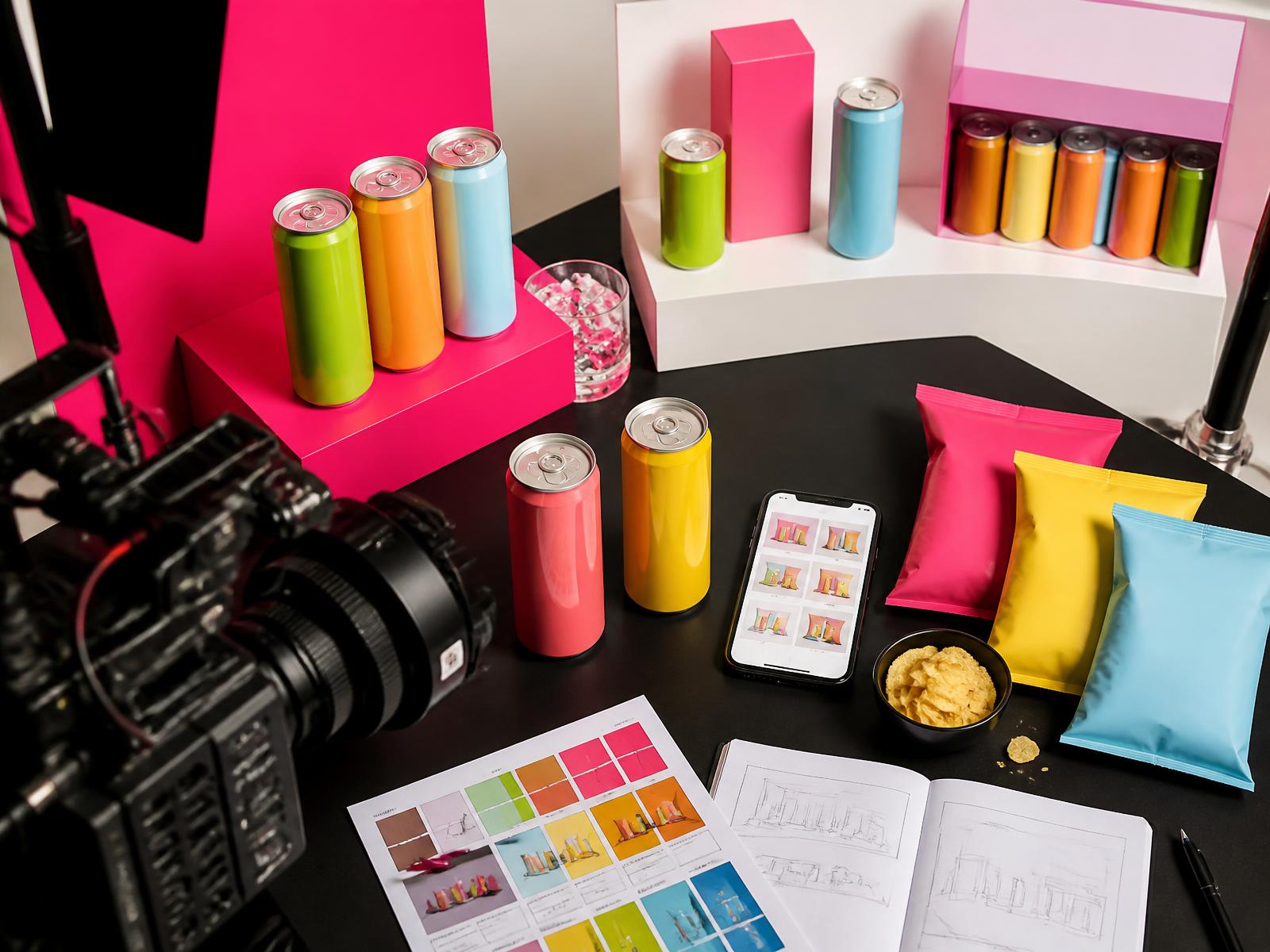 Set de producción creativa con bebidas, botanas, cámara y piezas para ecommerce